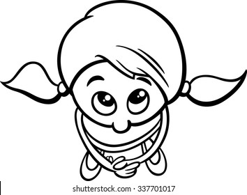 Black and White Cartoon Vector Illustration of Cute Little Shy Girl for Coloring Book