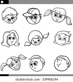 Black and White Cartoon Vector Illustration of Funny Kids Faces Set