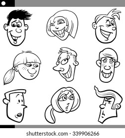 Black and White Cartoon Vector Illustration of Funny Teenagers Faces Set
