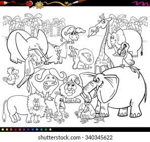 Black and White Cartoon Vector Illustration of Scene with African Safari Animals Characters Group for Coloring Book