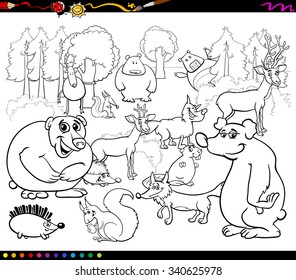 Black and White Cartoon Vector Illustration of Forest Scene with Wild Animal Characters Group for Coloring Book