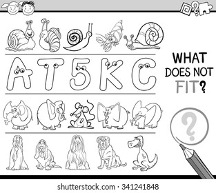Black and White Cartoon Vector Illustration of Finding Improper Item in the Row Educational Game for Preschool Children with Animal Characters