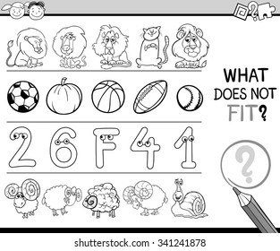 Black and White Cartoon Vector Illustration of Finding Improper Item in the Row Educational Game for Preschool Children with Animal Characters