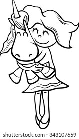 Black and White Cartoon Vector Illustration of Cute Little Girl with Toy Unicorn for Coloring Book