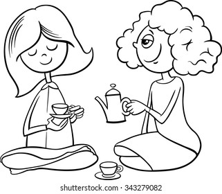 Black and White Cartoon Vector Illustration of Two Cute Girls with Toy Tea Cups Playing House for Coloring Book