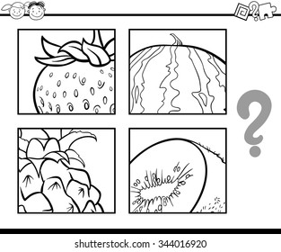 Black and White Cartoon Vector Illustration of Education Task for Preschool Children od Guess the Fruits for Coloring