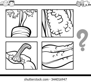 Black and White Cartoon Vector Illustration of Education Task for Preschool Children od Guess the Vegetables for Coloring