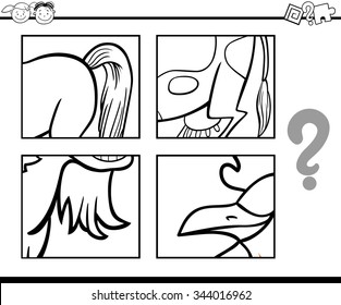 Black and White Cartoon Vector Illustration of Educational Task for Preschool Children with Animals Riddle for Coloring