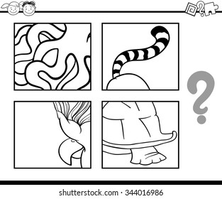 Black and White Cartoon Vector Illustration of Education Task for Preschool Children od Guess the Animals for Coloring