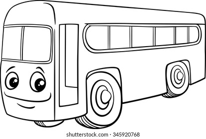 Black and White Cartoon Vector Illustration of School Bus Vehicle Character for Coloring Book