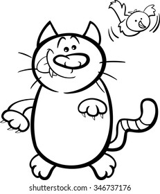 Black and White Cartoon Vector Illustration of Hungry Cat and Canary for Coloring Book