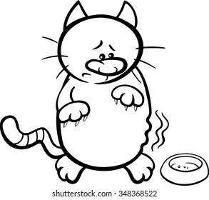 Black and White Cartoon Vector Illustration of Hungry Cat with Empty Bowl for Coloring Book