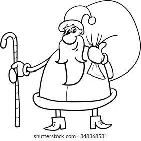 Black and White Cartoon Vector Illustration of Santa Claus with Sack and Cane on Christmas Time for Coloring Book