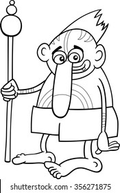 Black and White Cartoon Vector illustration of Fantasy or Tribal Wizard or Shaman for Coloring Book