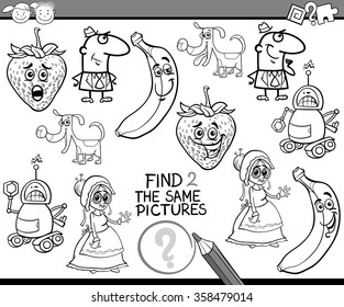 Black and White Cartoon Vector Illustration of Find the Same Picture Educational Task for Preschool Children with Comic Characters for Coloring Book