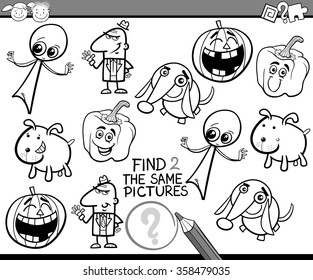 Black And White Cartoon Vector Illustration Of Find Identical Picture Educational Task For Preschool Children With