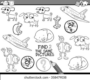 Black and White Cartoon Vector Illustration of Find Identical Picture Educational Task for Preschool Children with Comic Characters for Coloring Book