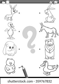 Black and White Cartoon Vector Illustration of Education Element Matching Game for Preschool Children with Baby Animals and their Mothers Coloring Book