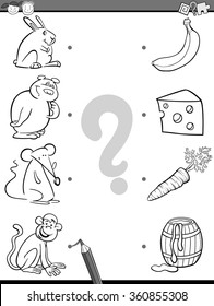 Black and White Cartoon Vector Illustration of Education Picture Matching Task for Preschool Children with Animals and their Favorite Food for Coloring Book