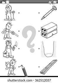 Black and White Cartoon Vector Illustration of Education Picture Matching Task for Preschool Children with Workers For Coloring