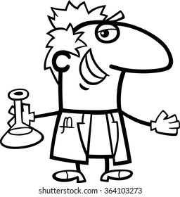 Black and White Cartoon Vector Illustration of Funny Scientist with Mixture in Vial for Coloring Book