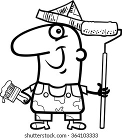 Black and White Cartoon Vector Illustration of Funny House Painter Worker for Coloring Book
