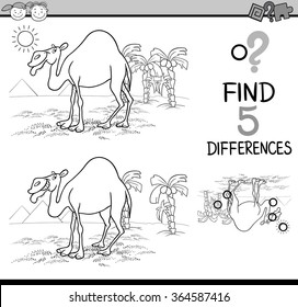 Black and White Cartoon Vector Illustration of Finding Differences Educational Task for Preschool Children with Camel Animal Character for Coloring Book