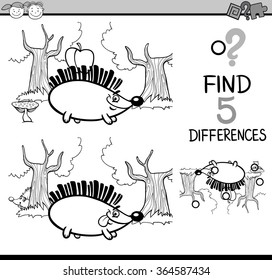Black and White Cartoon Vector Illustration of Finding Differences Educational Task for Preschool Children with Hedgehog Animal Character for Coloring Book