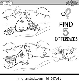 Black and White Cartoon Vector Illustration of Finding Differences Educational Task for Preschool Children with Beaver Animal Character for Coloring Book