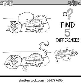 Black and White Cartoon Vector Illustration of Finding Differences Educational Task for Preschool Children with Cat Animal Character Coloring Page