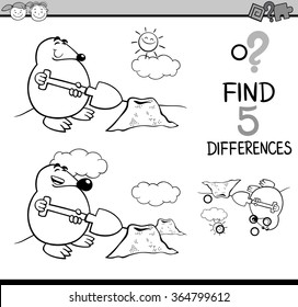 Black and White Cartoon Vector Illustration of Finding Differences Educational Task for Preschool Children with Mole Animal Character for Coloring Book
