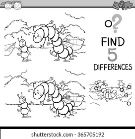 Black and White Cartoon Vector Illustration of Finding Differences Educational Task for Preschool Children with Ant and Caterpillar Insect Characters for Coloring Book