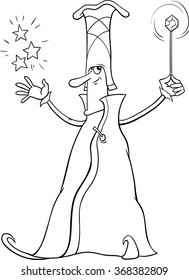 Black and White Cartoon Vector illustration of Wizard or Sorcerer Fantasy Character Casting a Spell for Coloring Book
