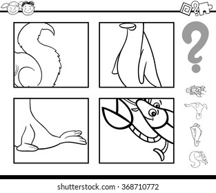 Black and White Cartoon Vector Illustration of Education Task for Preschool Children with Animals Riddle for Coloring