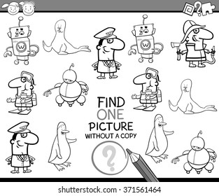 Black and White Cartoon Vector Illustration of Educational Task of Finding Single Picture for Preschool Children for Coloring