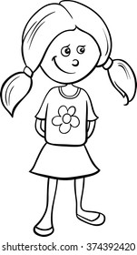 Black and White Cartoon Vector Illustration of Funny Preschool or School Age Girl for Coloring Book