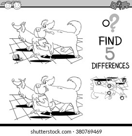 Black and White Cartoon Vector Illustration of Finding Differences Educational Task for Preschool Children with Running Dogs for Coloring Book