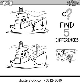 Black and White Cartoon Vector Illustration of Finding Differences Educational Task for Preschool Children with Container Ship Transport Character for Coloring Book