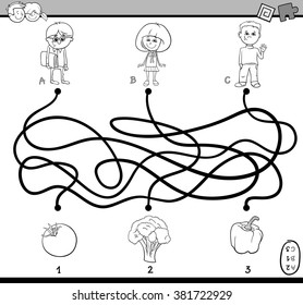 Black and White Cartoon Vector Illustration of Educational Paths or Maze Puzzle Task for Preschoolers with Children and Vegetables Coloring Book