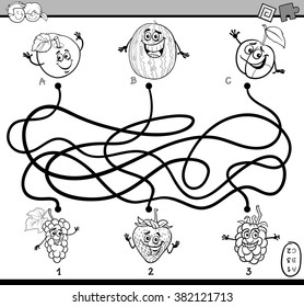 Black and White Cartoon Vector Illustration of Educational Paths or Maze Puzzle Task for Preschool Children with Fruits Coloring Book