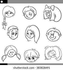 Black and White Cartoon Vector Illustration of Children Heads Set