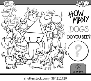 Black and White Cartoon Vector Illustration of Kindergarten Educational Counting Task for Preschool Children with Dog Characters Coloring Book