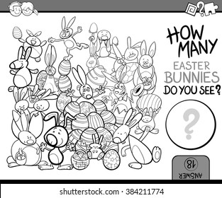 Black and White Cartoon Vector Illustration of Educational Counting Task for Preschool Children with Easter Bunny Characters Coloring Book