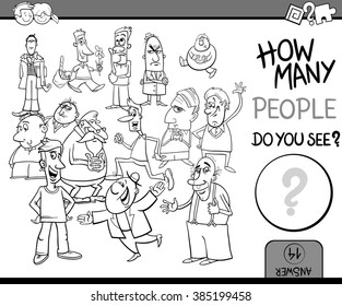 Black and White Cartoon Vector Illustration of Educational Counting Task for Preschool Children with Man Characters Coloring Book