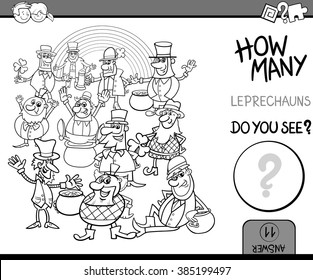 Black and White Cartoon Vector Illustration of Educational Counting Task for Preschool Children with Leprechaun Fantasy Characters Coloring Book