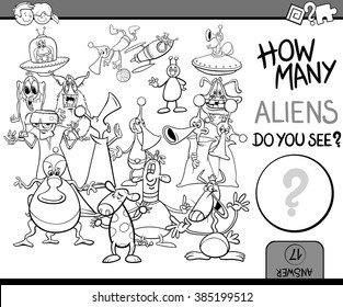 Black and White Cartoon Vector Illustration of Educational Counting Task for Preschool Children with Aliens Fantasy Characters Coloring Book