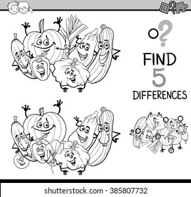 Black and White Cartoon Vector Illustration of Finding Differences Educational Task for Preschool Children with Vegetable Characters for Coloring Book