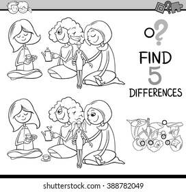 Black and White Cartoon Vector Illustration of Finding Differences Educational Activity for Preschool Children with Girls Playing House for Coloring Book