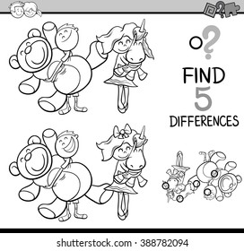 Black and White Cartoon Vector Illustration of Finding Differences Educational Activity for Preschool Children with Kids and Toys for Coloring Book