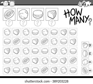 Black and White Cartoon Vector Illustration of Education Counting Task for Preschool Children with Sweet Food for Coloring